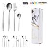 Vajilla de acero inoxidable portuguesa transfronteriza de Amazon para hotel, cuchillo, tenedor y cuchara para carne estilo occidental, caja de regalo de 24 piezas.