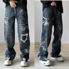 Jeans Estampado de Marca da Moda Novo Versátil Reto High Street Lavado Graffiti Design Pintado à Mão Solto Perna Larga Calças Longas