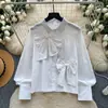 Camisa con Lazo Estilo Coreano para Mujer Manga Larga Holgada Adelgazante Blanca Top para Ir al Trabajo Estilo Dulce Femenino Elegante Camisa de Mujer
