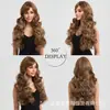 Peluca completa para mujer de fibra de alta temperatura, estilo europeo y americano, resaltes degradados en marrón, cabello largo y rizado con flequillo lateral, ondas grandes, transfronteriza