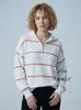 2026 Suéter de punto con cremallera y rayas para mujer, conjunto de otoño e invierno, tejido de punto nuevo, estilo transfronterizo europeo y americano, suéter de punto pullover con cuello de solapa