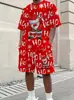 Conjunto de camiseta casual de corte holgado y pantalones cortos con estampado digital 3D temático de Navidad, superventas transfronterizo europeo y americano