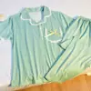 Pijama de Encaje de Alta Gama para Mujer con Pantalones Cortos, Cardigan Fino de Primavera, Otoño y Verano, Traje Sencillo Retro Verde para el Hogar
