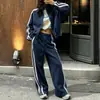 2026 Ropa Femenina Transfronteriza Europea y Americana Estilo Deportivo Casual Bloque de Color Raya Sudadera con Capucha Chaqueta Pantalones de Pierna Ancha Conjunto