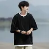 Camiseta de hombre suelta de manga corta, estilo falso dos piezas, camiseta de verano con bloques de color de manga corta, manga tres cuartos, cuello Henley juvenil, estilo ligero
