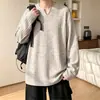 Camiseta de punto acanalado de manga larga con cuello en V para hombre, capa interior texturizada de otoño de corte holgado, camiseta básica de moda estilo americano