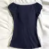 Nuevo top de verano para mujer con ribete de encaje azul marino, sencillo, corte ajustado, sexy, cuello en V, manga corta, camiseta, venta al por mayor