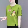 Comércio Exterior Transfronteiriço Roupas para Mães Camiseta de Manga Curta para Mulheres de Meia-Idade, Corte Solto, Emagrecedora, Estampada, Gola Redonda, Top Casual Versátil
