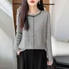 Cardigan de Punto a Rayas Retro Francés Cuello Redondo para Mujer Primavera Otoño Nuevo Manga Larga Camisa Base Suéter de Punto Fino Chaqueta Top