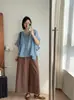 Top único con cordones azul y mangas acampanadas para mujer, camisa de ramio de manga corta con ribete de encaje de verano 023
