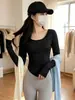 Camiseta de Manga Longa para Mulheres 2026 Nova Slim Fit Casual Base para Meninas, Top Tendência com Barra em U Estilo Ins