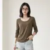 Camiseta básica de manga larga con cuello en U para mujer para otoño, camiseta básica de color liso simple, corte ajustado y top interior favorecedor