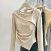 Camiseta longa irregular com design para mulheres, novo estilo Primavera/Outono 2026, acinturada, modeladora, cor sólida, top base plissado