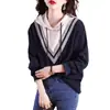 Moletom com Capuz Patchwork Estilo Coreano Feminino Plus Size Feminino Primavera 2024 Novo Solto Casual Manga Longa Falso Duas Peças Top