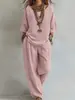 Traje Holgado de Color Sólido Retro para Mujer 2026, Top de Cuello Redondo de Manga Media + Pantalones de Linterna Caídos, Cómodo y Adelgazante en la Parte Superior del Cuerpo
