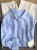 Camisa Azul de Lino Estilo Francés para Mujer, Verano Delgada de Corte Holgado, Estilo Old Money, Top de Algodón y Lino de Manga Larga Protector Solar