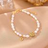 Pulsera elegante de plata de ley S925 con diseño de flor de perla de jade bañada en oro y diseño de ciervo, estilo chino.