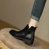 Botines Nuevos de Estilo Británico Cortos de Piel Suave Punta Redonda con Cremallera Lateral para Mujer Chelsea Versátiles con Tacón Grueso Botas de Moda Botines