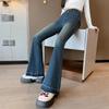 Calça Flare Jeans para Meninas Primavera e Outono 2024 Nova Moda Estilo Coreano para Meninas Slim Fit Bolsos Bordados Estilo Ocidental Calças Infantis