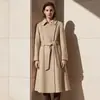 Abrigo de cachemira doble cara azul marino para mujer, largo, por encima de la rodilla, entallado en la cintura, con dobladillo ancho y cinturón, hecho de lana pura, abrigo de lana doble cara hecho a mano