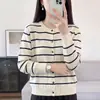 Cárdigan de punto de algodón puro para mujer, nuevo estilo otoño e invierno, cuello redondo, a rayas, bloques de color, chaqueta de manga larga, top acanalado versátil en bloques de color