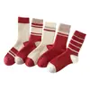Calcetines de Cachemir para Mujer, Calcetines Versátiles de Rayas a Media Pantorrilla, Engrosados para Otoño e Invierno, Calcetines sin Costuras, Calcetines Flojos de Micro-Presión, Calcetines Rojos para Mujer