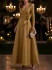 2026 Elegante Vestido de Noche de Satén con Escote en V y Mangas Tres Cuartos, Corte A, Ceñido a la Cintura, Formal para Banquetes, Novia, Vestido de Boda