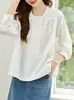 Camisa de Algodón Puro con Cuello Redondo y Mangas Largas para Mujer, Nuevo Estilo Primavera y Otoño 2026, Blusa Casual Holgada con Estilo Versión Coreana, Top Único