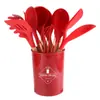 Conjunto de Utensílios de Cozinha de Silicone 11 Peças Barril de Armazenamento Cozimento Antiaderente Cabo de Madeira Utensílios de Cozinha de Silicone Colher e Espátula Utensílios de Cozinha