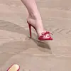 Sandalias de tacón alto transparentes de PVC con punta abierta, lazo rojo, estilo slip-on para mujer, novedad de verano