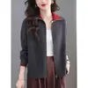 Cárdigan de punto con solapa para otoño e invierno, nuevo para mujer 2026, talla grande, bloque de color, top con solapa, ropa para madre, abrigo suéter con cremallera