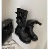 Botas de Pantalón Retro Francesas de Tacón Grueso 2026 Otoño/Invierno Nuevas Botas de Vaquero Acordonadas con Hebilla Fruncidas de Media Pantorrilla