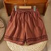 Verano Nuevo Estilo Retro Algodón y Lino Shorts con Cordón Diseño de Bordado Calado Pantalones Casuales de Pierna Ancha para Mujer