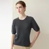 Ropa interior de Otoño e Invierno 100% Cachemira Pura Manga Corta para Mujer Sencillo de Punto Trenzado Cuello Redondo Jersey Suéter de Manga Media con Rayas Verticales