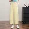 Calça floral de perna larga com toque fresco para mulheres, novo estilo de verão, cintura elástica, versátil, fluida, casual, calça reta cropped com perna levemente curvada