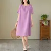Vestido Corto de Manga Corta Fino de Algodón Lino Fresco Verano 2026 Mujer Sencillo Color Sólido Holgado Talla Grande Oculta Barriga Cuello Redondo Falda de Longitud Media
