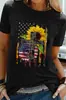 Camiseta de Manga Corta con Cuello Redondo para Mujer con Estampado Redondo de Estrellas y Rayas y Dos Girasoles - E-commerce Transfronterizo Día de la Independencia Amazon Nuevas Estrellas y Rayas