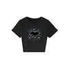 Camiseta branca de gola redonda, ombro normal, manga curta para mulheres, novo estilo de verão com estampa de gatinho de desenho animado, modelagem justa, top moderno