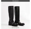 Botas de montar genuinas de cuero estilo Grapema para mujer con dos alturas de caña, punta redonda, hebilla de cinturón, tacón apilado, tacón grueso, botas vaqueras occidentales
