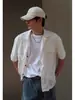 Camisa Blanca de Manga Corta Hueca Estilo Japonés con Cuello Cubano para Hombre, Verano Holgada Casual, Top de Color Sólido para el Trabajo, Ropa de Hombre