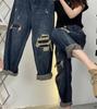 Calça Jeans Rasgada Estilo Pai Feminina Primavera e Outono Cintura Alta Calça Harem Rabanete Calça Solta para Cobrir a Carne para Figura Pequena em Forma de Pera