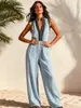 Ropa popular para mujer transfronteriza: enterizo sin mangas con cuello alto y pantalón ancho de cintura alta con textura, enterizo casual de playa