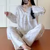 Algodón Seda Familia 2025 Set de Pijama de Algodón Seda con Lazo de Encaje para Mujer Primavera Otoño Conjunto para Estar en Casa Se Puede Usar Afuera Informal Manga Larga