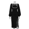 Vestido Feminino Elegante 2025 Novo Design Estilo Francês Manga Longa Cintura Dividida Saia de Quadril
