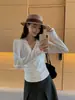 Yuanxi - Suéter de punto minimalista estilo coreano para otoño, con pliegues, entallado a la cintura, ajuste slim, cuello en V cruzado, manga larga, para mujer 269102