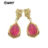 Wt-E805 Estilo Palácio Retrô Pedra de Cristal Rosa Obsidiana e Ouro 18K Banhado Pequeno Pingente Brincos Clássicos Femininos