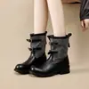 Botas de montar retro de tacón grueso con doble hebilla para mujer, nueva colección otoño 2026, botas de caña media ajustadas con patchwork de cuero y tela, botas estilo Martin