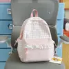 Mochila para niña con ribete de encaje estilo japonés, bolsa linda de doble hombro estilo universitario ins, mochila a cuadros de gran capacidad para estudiantes de secundaria