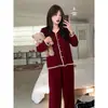 Pijama de Manga Larga de Color Sólido de Alta Gama Estilo Francés, Cómodo y Amigable con la Piel para Mujer, Conjunto de Dos Piezas de Pantalones Largos Holgados Casuales de Invierno