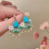 Pendientes Franceses Retro Estilo Palacio Turquesa con Borla Colgante Pendientes Dulces y de Alta Gama con Flor de Perla Barroca